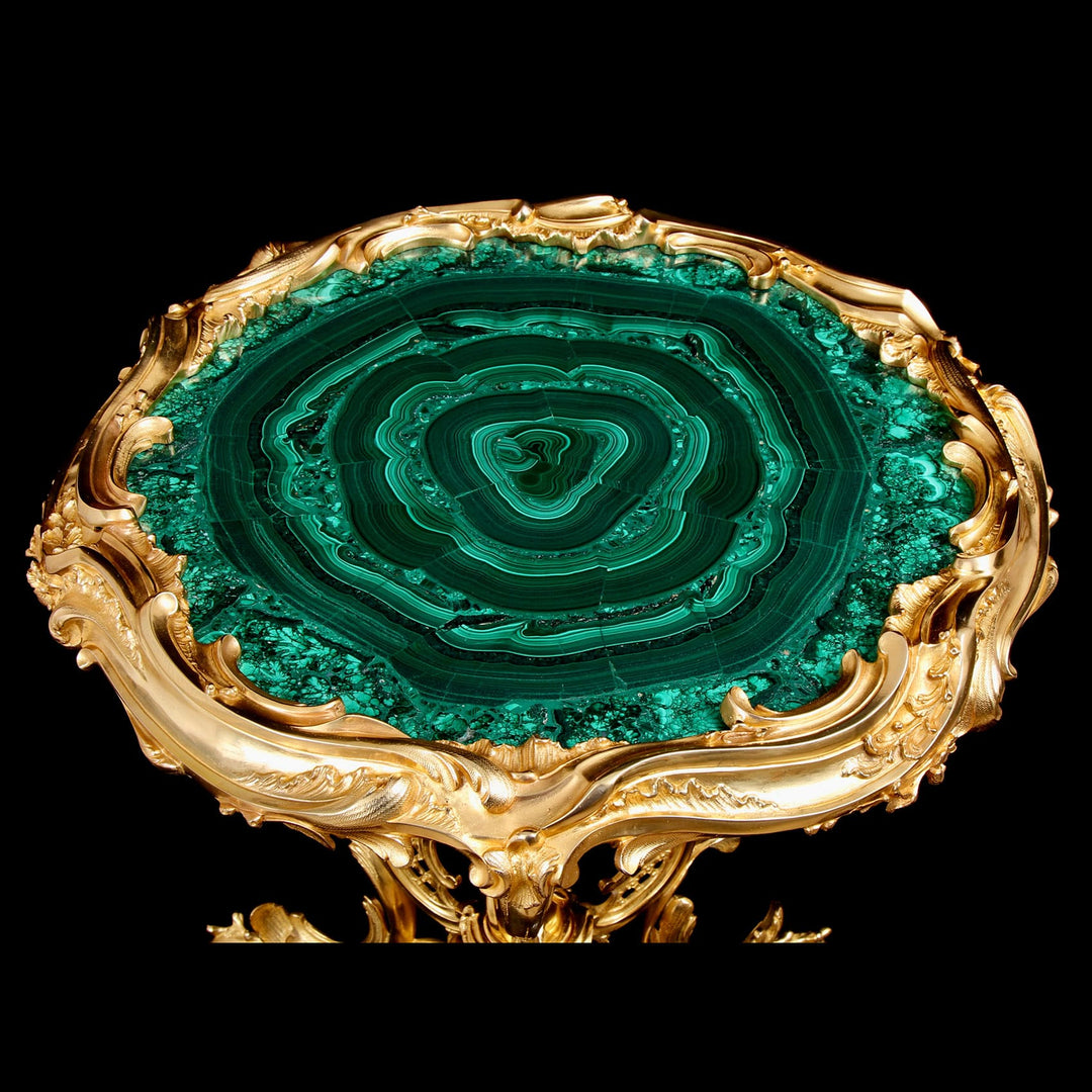 Rococo Ormolu | Malachite Table with gilded bronze frame and vibrant green malachite top, Rococo style circa 1865.