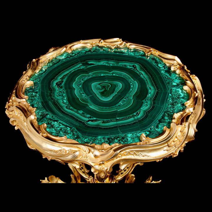 Rococo Ormolu | Malachite Table with gilded bronze frame and vibrant green malachite top, Rococo style circa 1865.