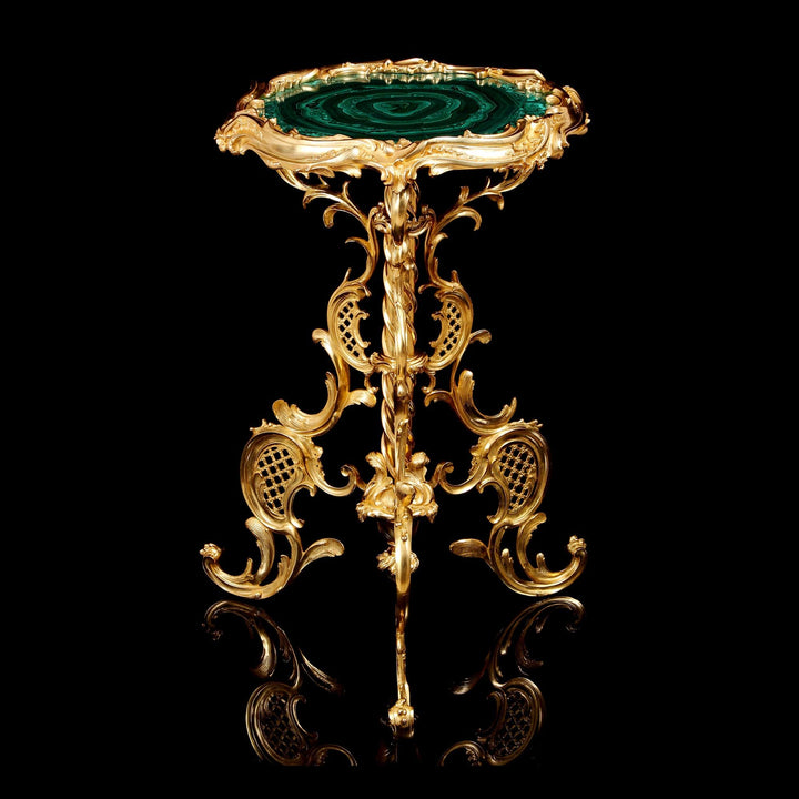 Rococo Ormolu | Malachite Table with ornate gilded bronze base and vibrant green malachite top in Rococo style