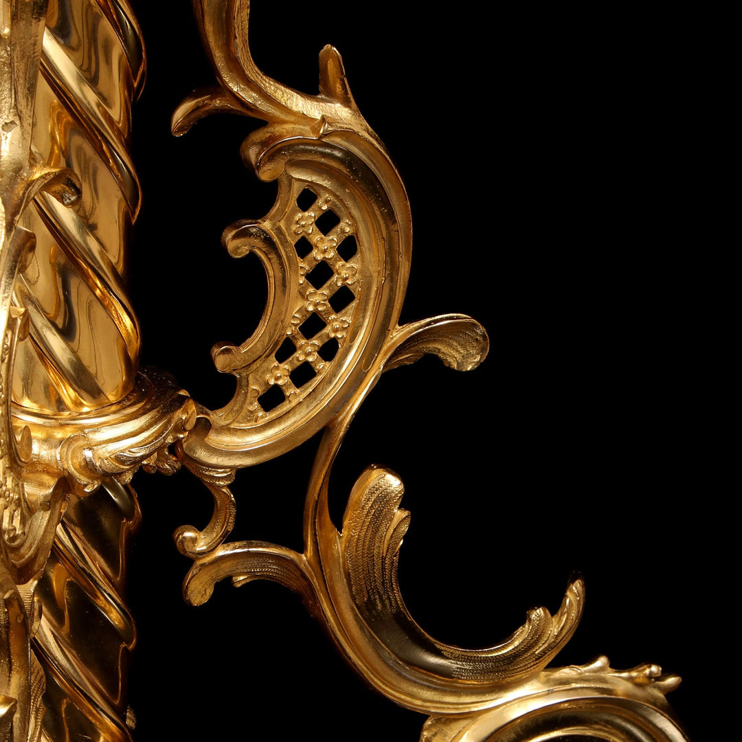Close-up of gilded bronze scroll and acanthus leaf details on Rococo Ormolu | Malachite Table circa 1865.