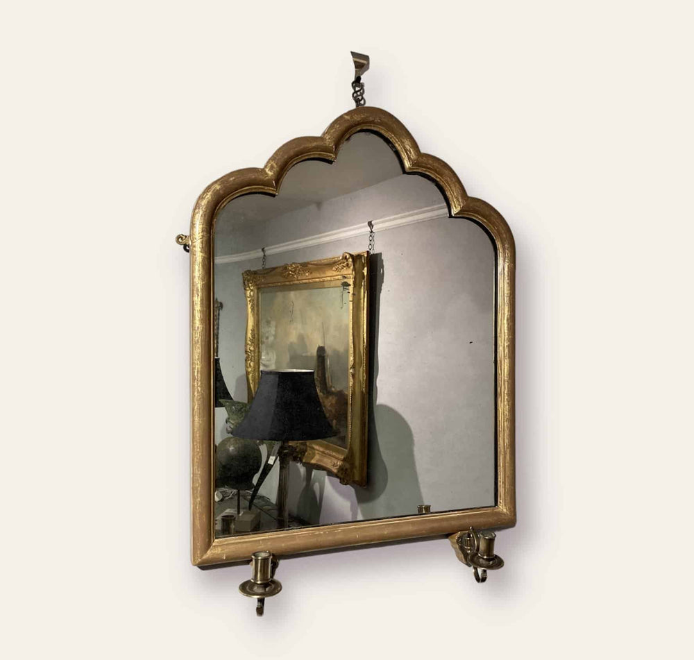Pair of Decorative Gothic Giltwood Girandole Mirrors with central dual candle arms, 19th century England.