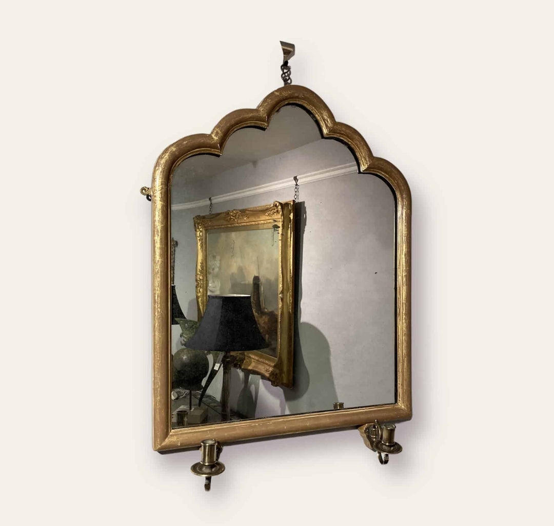 Pair of Decorative Gothic Giltwood Girandole Mirrors with central dual candle arms, 19th century England.