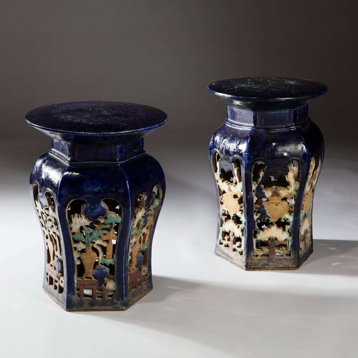Pair Blue Glazed Chinese Pottery Garden Seats