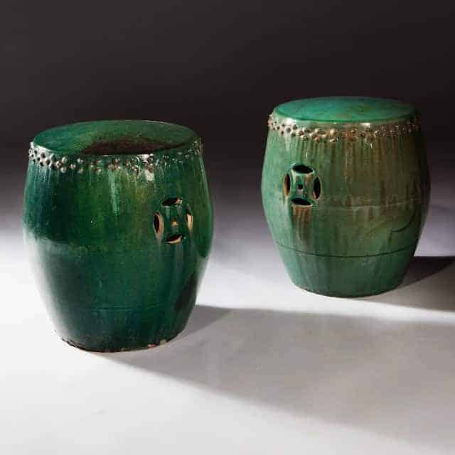 Pair Of Chinese Lustrous Green Glazed Pottery Stools