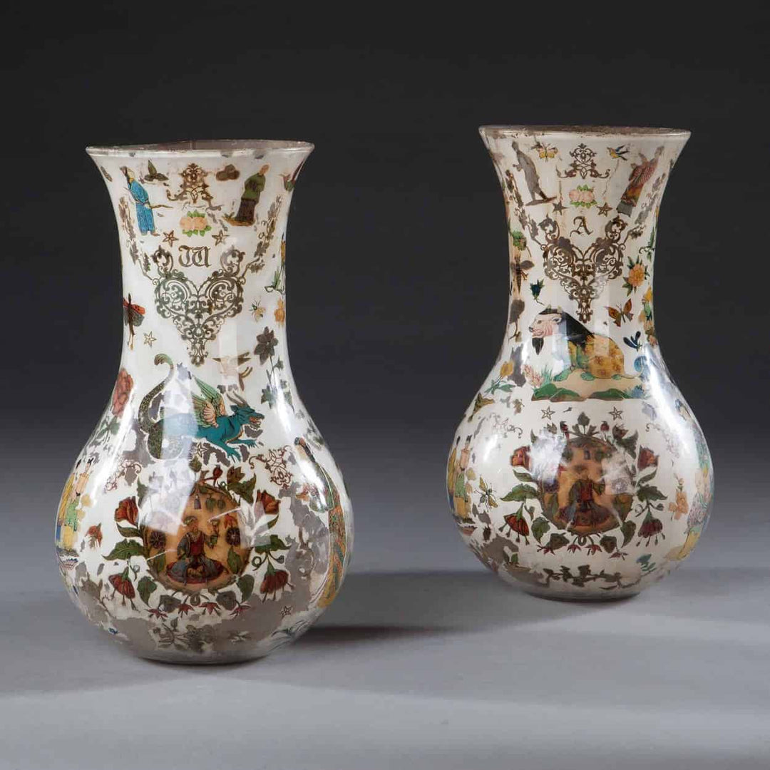 Pair Of Decalcomania Glass Vases
