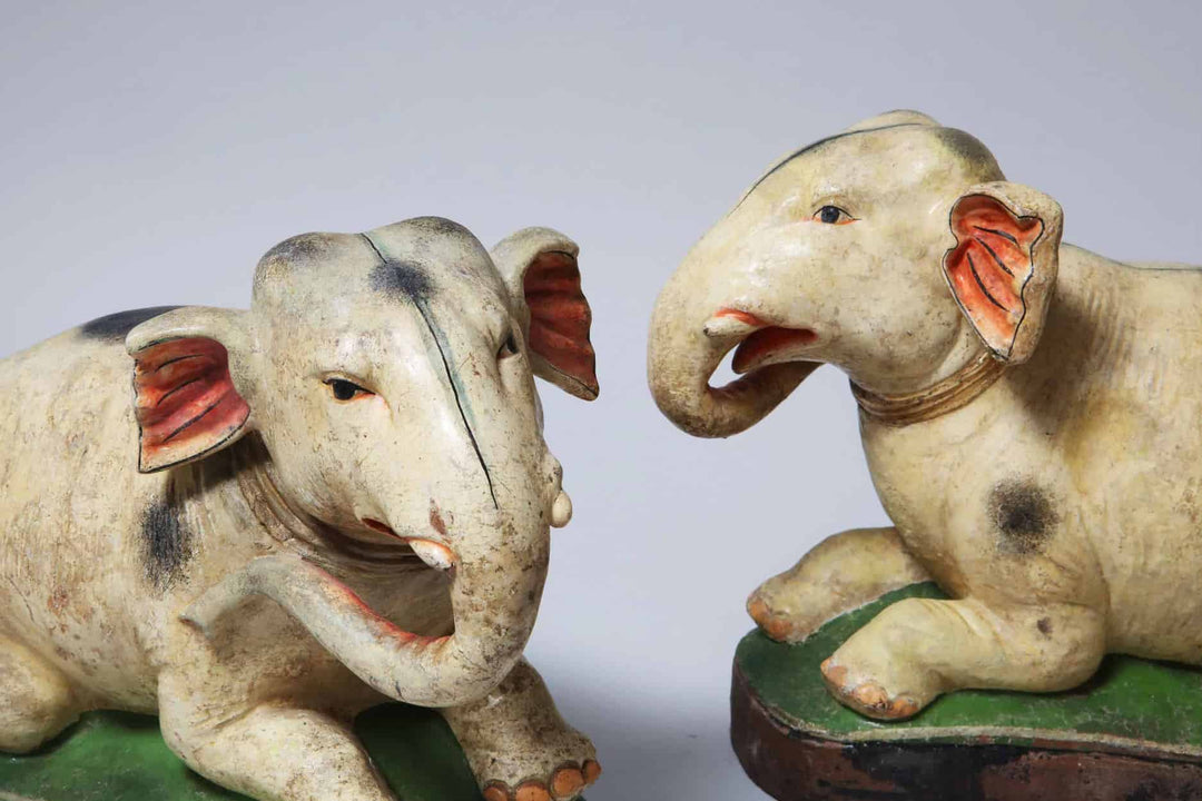 Pair Of Pottery Painted Recumbent Elephants