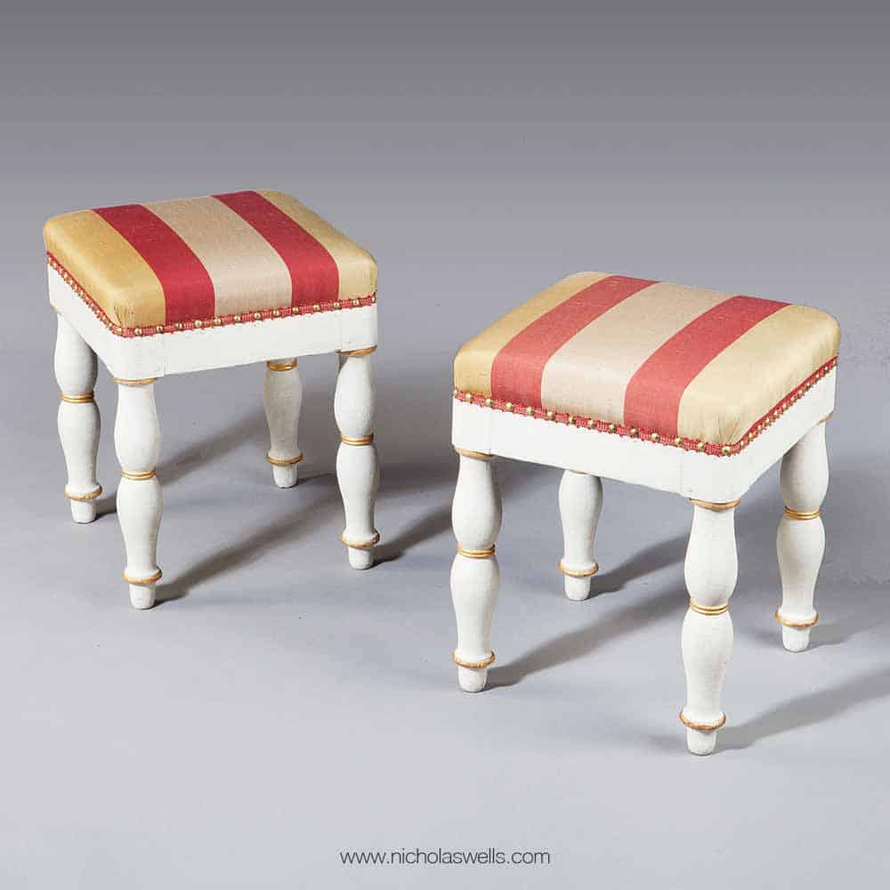 Pair Of White &amp; Gold French Directoire Period Painted Stools