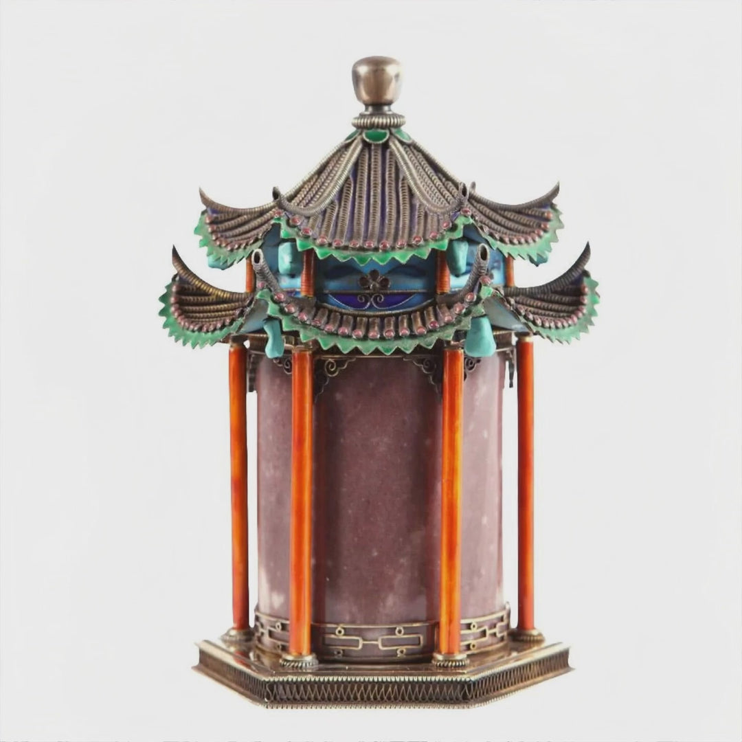 Chinese silver gilt, jade and enamel pagoda temple casket