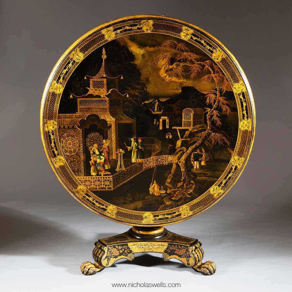 Regency Black Japanned Tilt Top Round Chinoiserie Centre Table