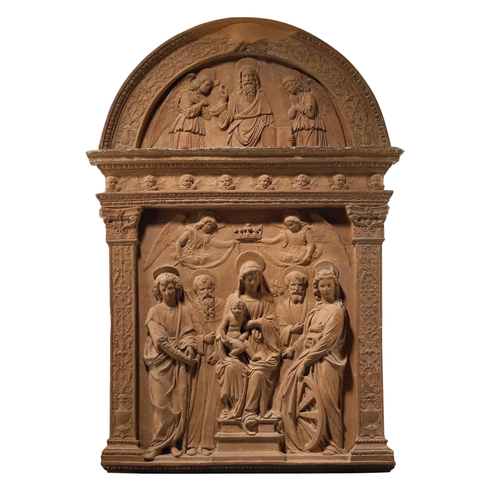 Italian Renaissance Terracotta Devotional Panel depicting Virgin and Child with Saints and angels, 15th century masterpiece.