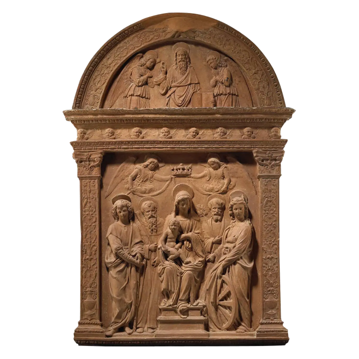 Italian Renaissance Terracotta Devotional Panel depicting Virgin and Child with Saints and angels, 15th century masterpiece.