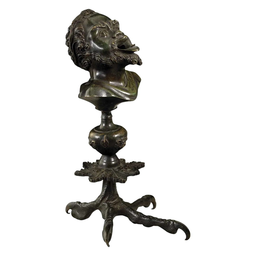 Andrea Riccio bronze lucerne with satyr’s head and cock’s foot decorative sculpture circa 1850 Italy