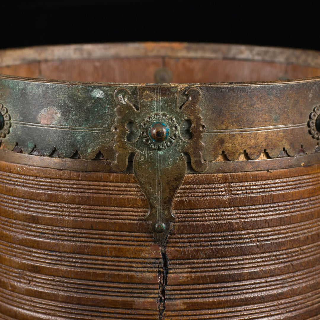 Collection of 9 brass bound rice measures