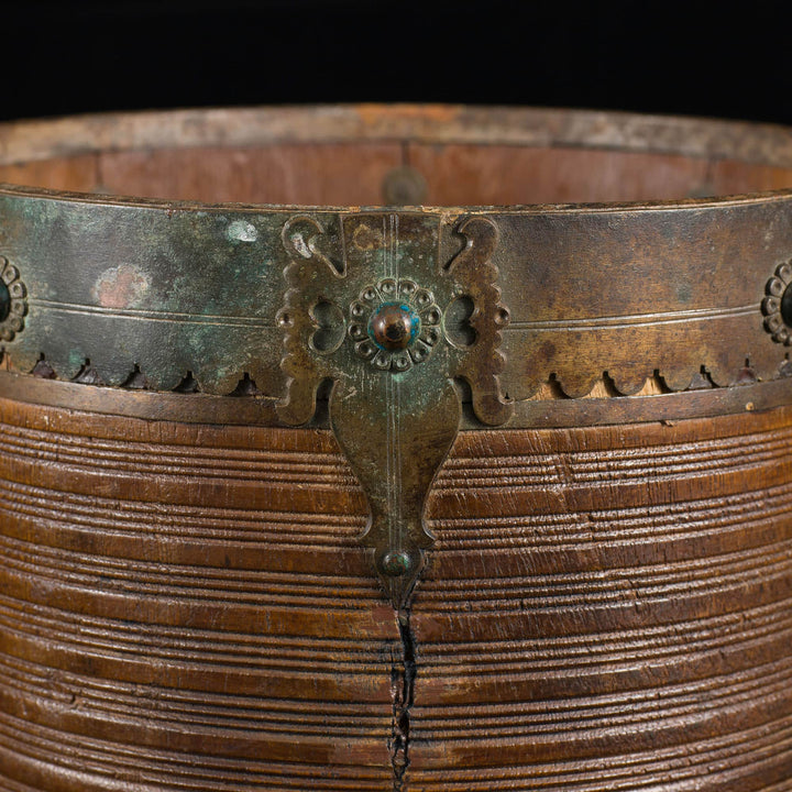 Collection of 9 brass bound rice measures