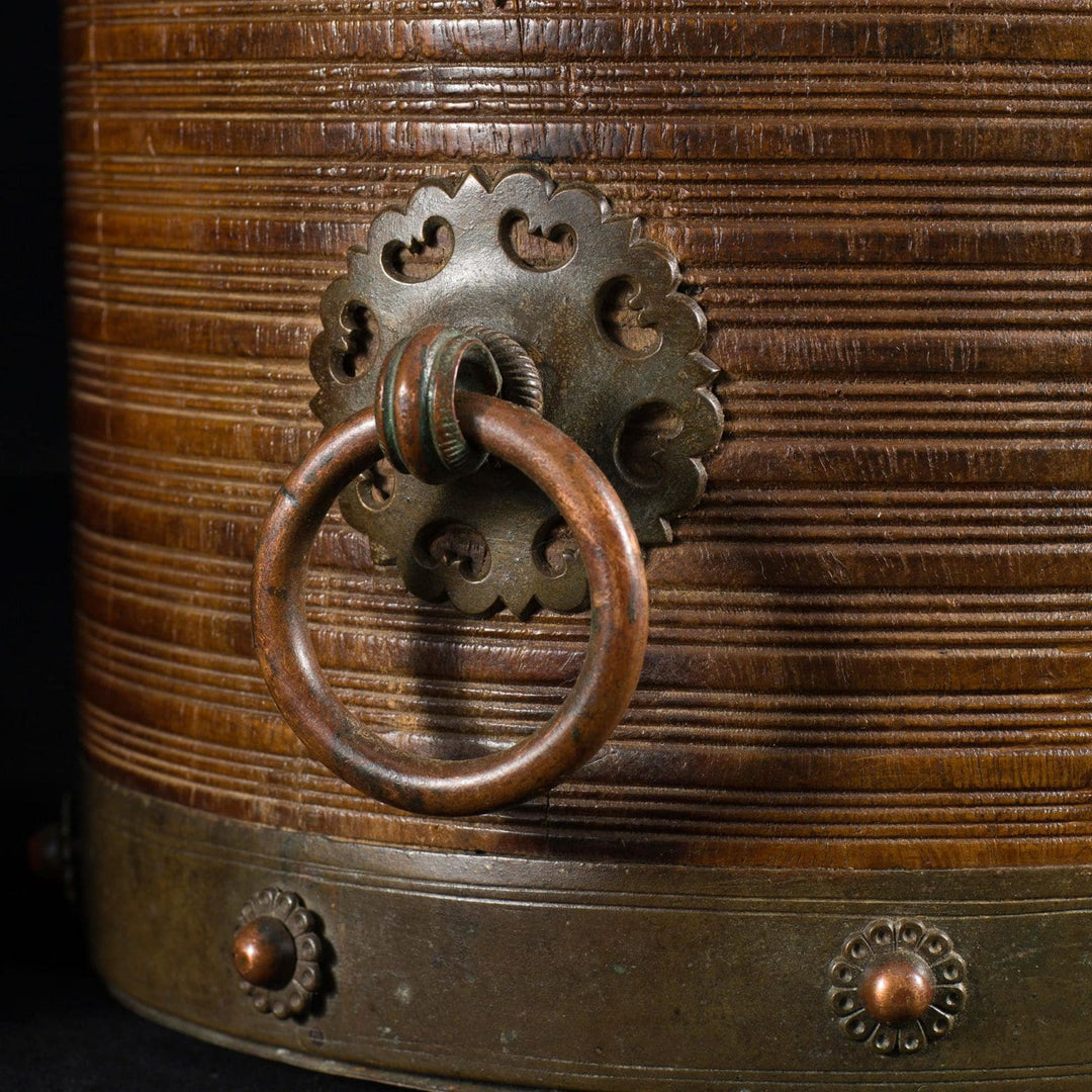 Collection of 9 brass bound rice measures