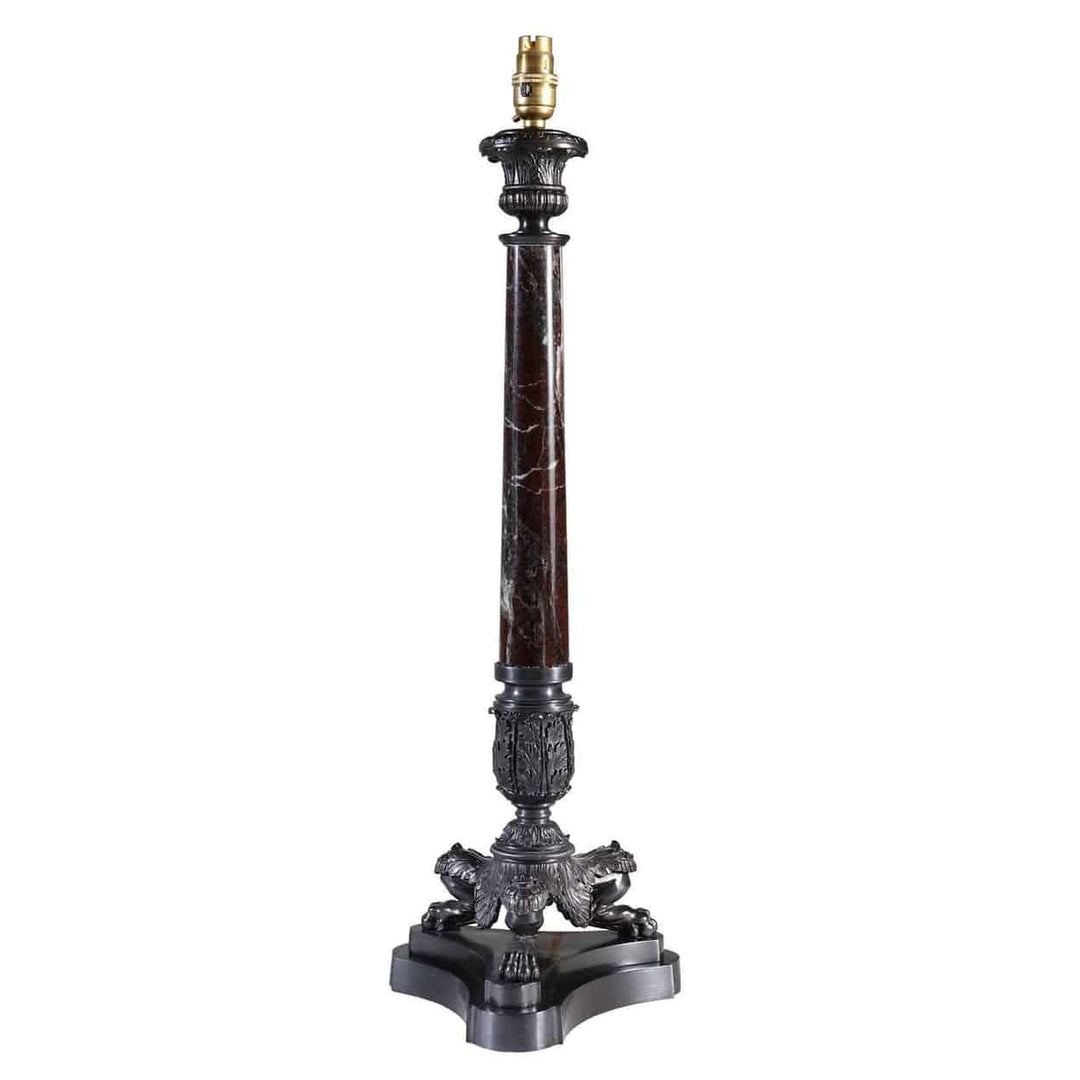 Dark Bronze Tall Marble Tripod Column Lamps by The Neo-Classical Lamp Co., 24-inch marble column base