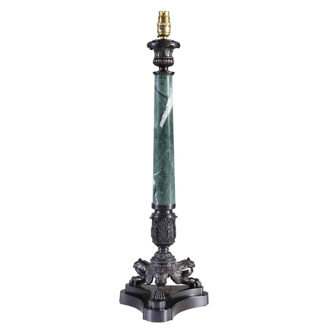 Dark Bronze Tall Marble Tripod Column Lamps by The Neo-Classical Lamp Co. with 24-inch marble column base.