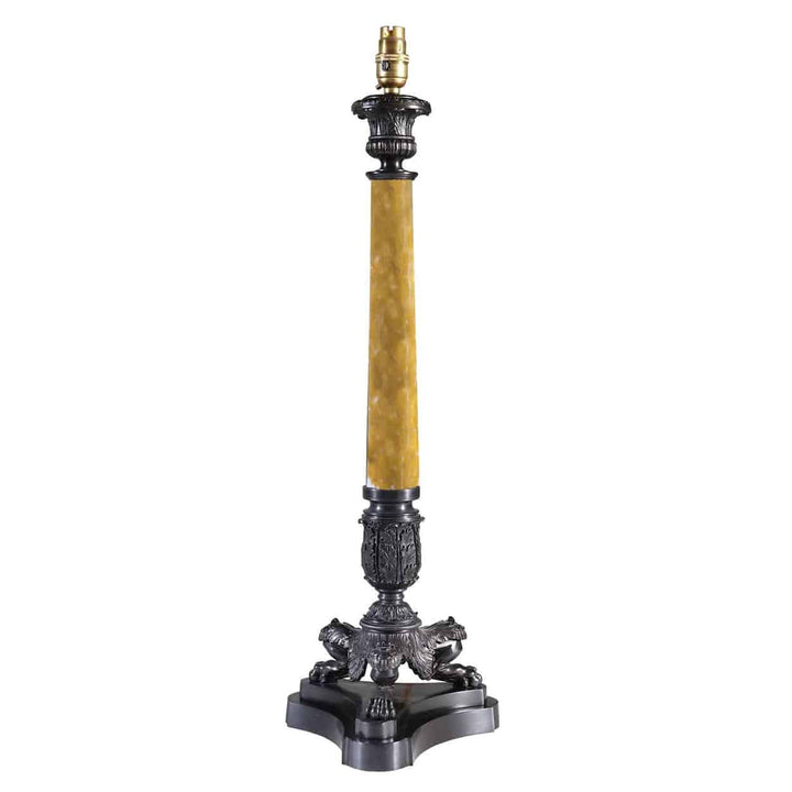 Dark Bronze Tall Marble Tripod Column Lamps by The Neo-Classical Lamp Co. with ornate dark bronze base and yellow marble column.