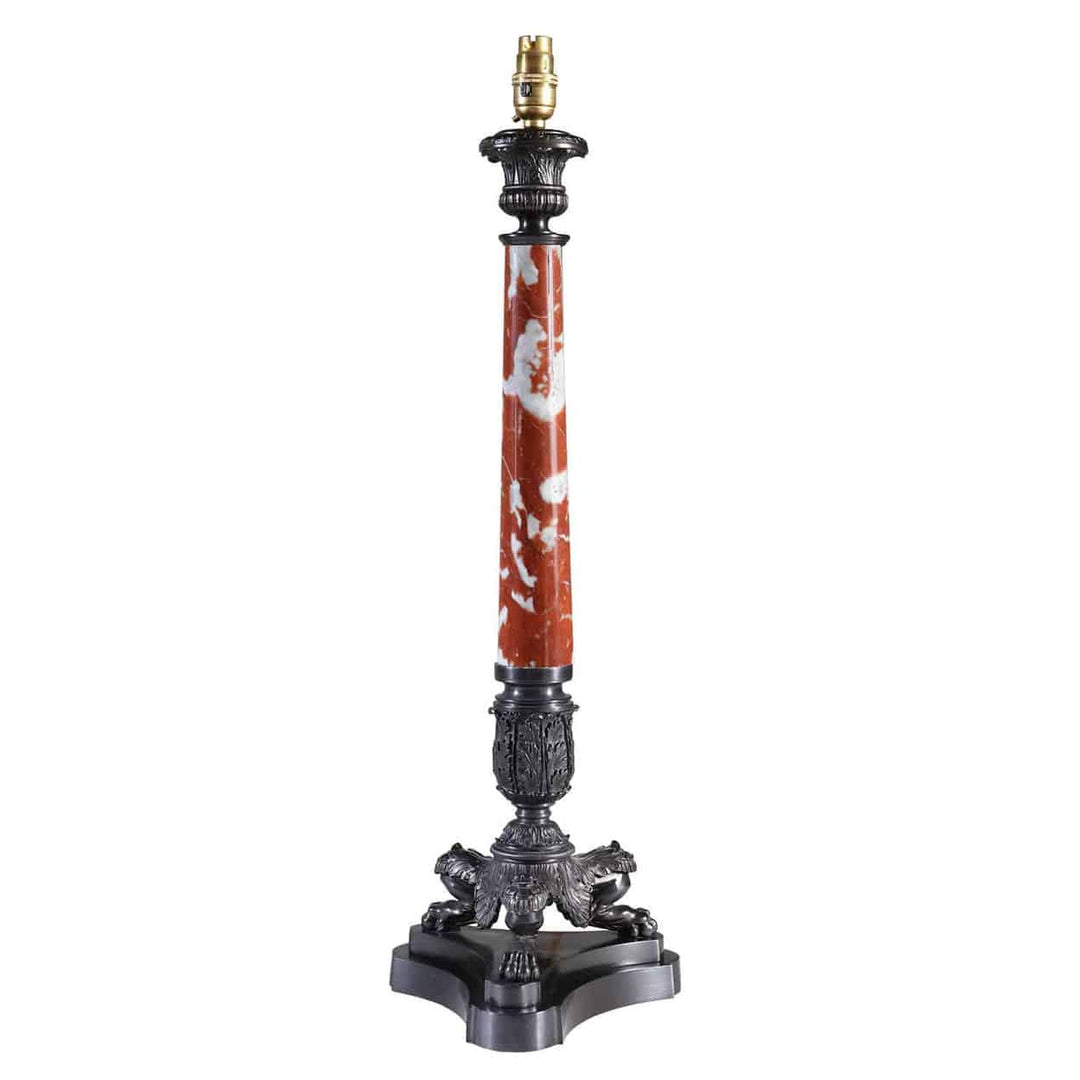 Dark Bronze Tall Marble Tripod Column Lamps by The Neo-Classical Lamp Co. with red marble and ornate bronze base.