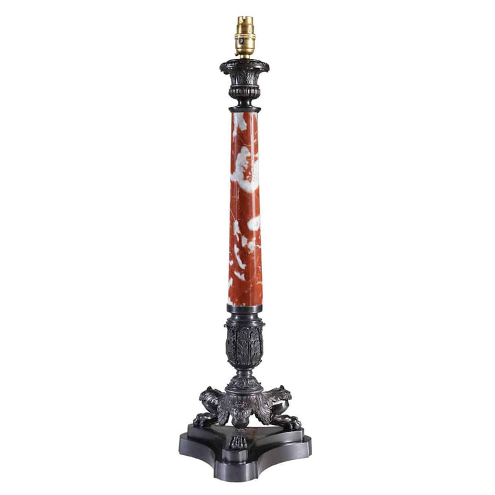 Dark Bronze Tall Marble Tripod Column Lamps by The Neo-Classical Lamp Co. with red marble and ornate bronze base.