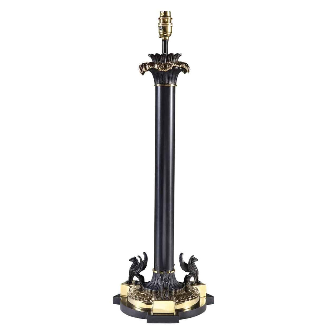 Pair of Griffin Black and Gold Table Lamps AJ7 featuring two griffin figures on a black and gold base table lamp.