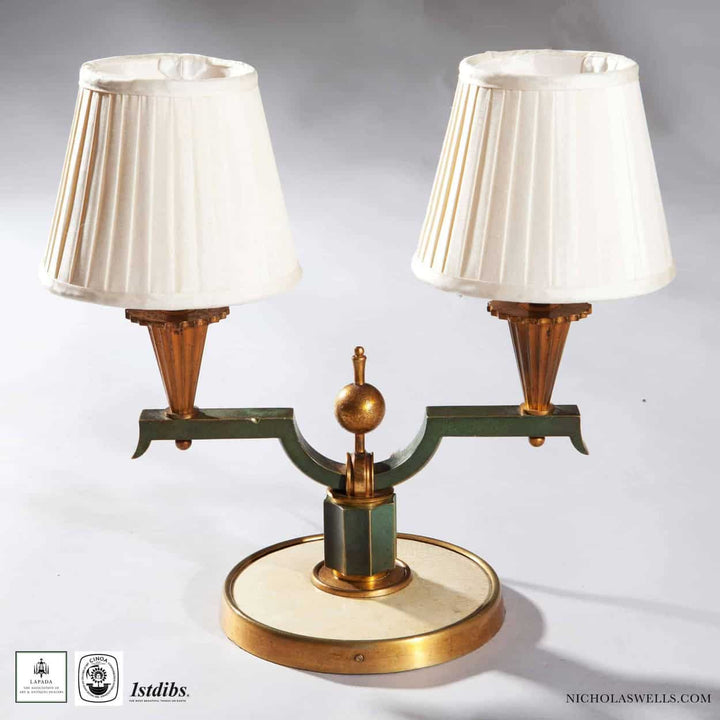 Genet et Michon Bronze Table Lamps pair of Art Deco French patinated and gilded bronze table lamps with white shades.