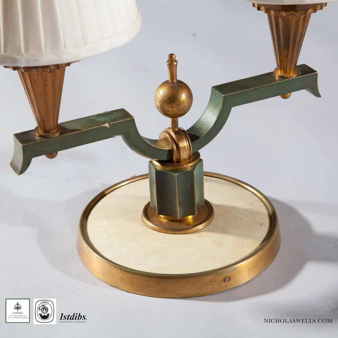 Genet et Michon Bronze Table Lamps pair with Art Deco design, French patinated and gilded bronze circa 1930.