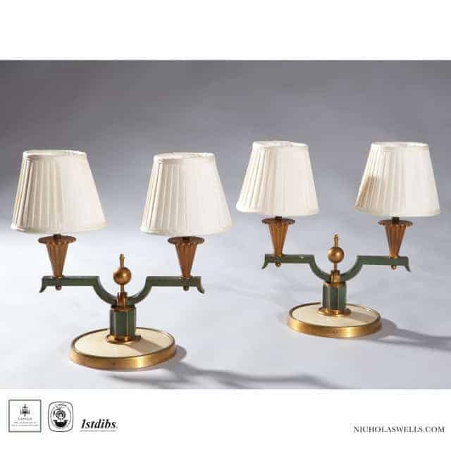 Pair of Genet et Michon Bronze Table Lamps, Art Deco French patinated and gilded bronze, circa 1930, 33 cm high.