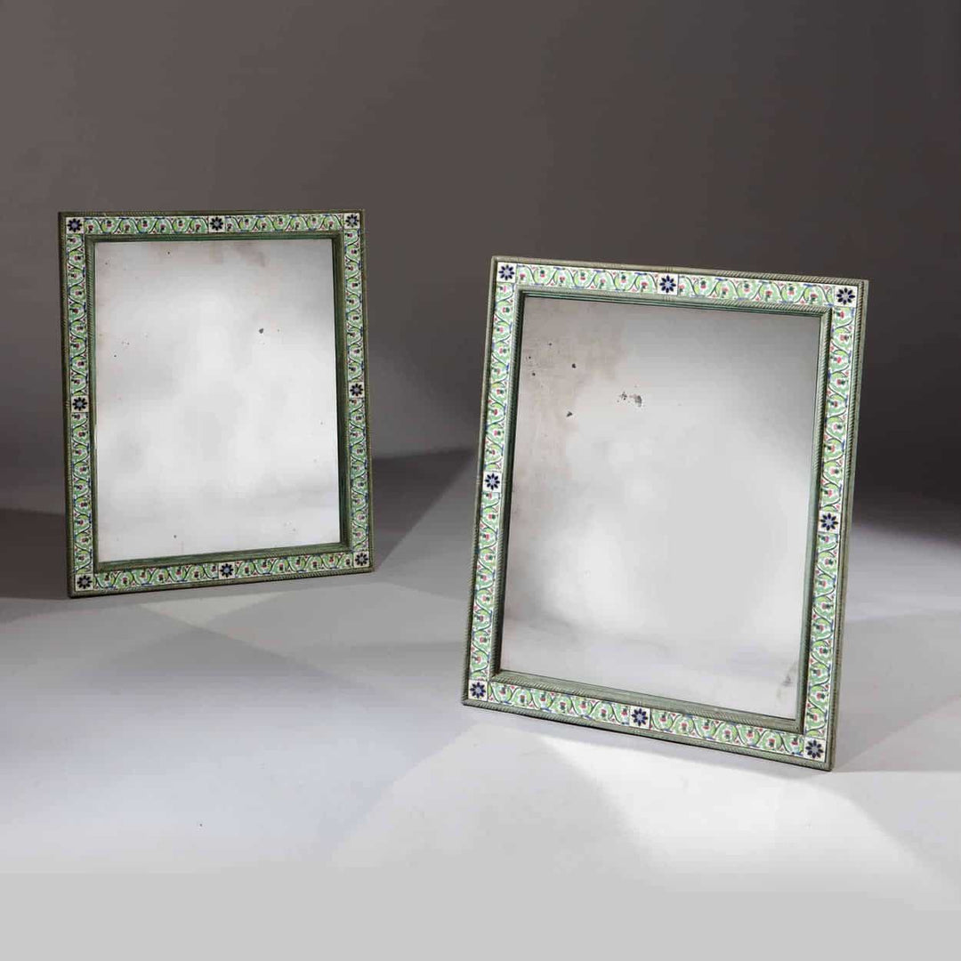 Pair Of Mughal Green Enamel Rectangular Mirrors with vibrant Mughal ornamental borders, late 19th-century Indian craftsmanship.