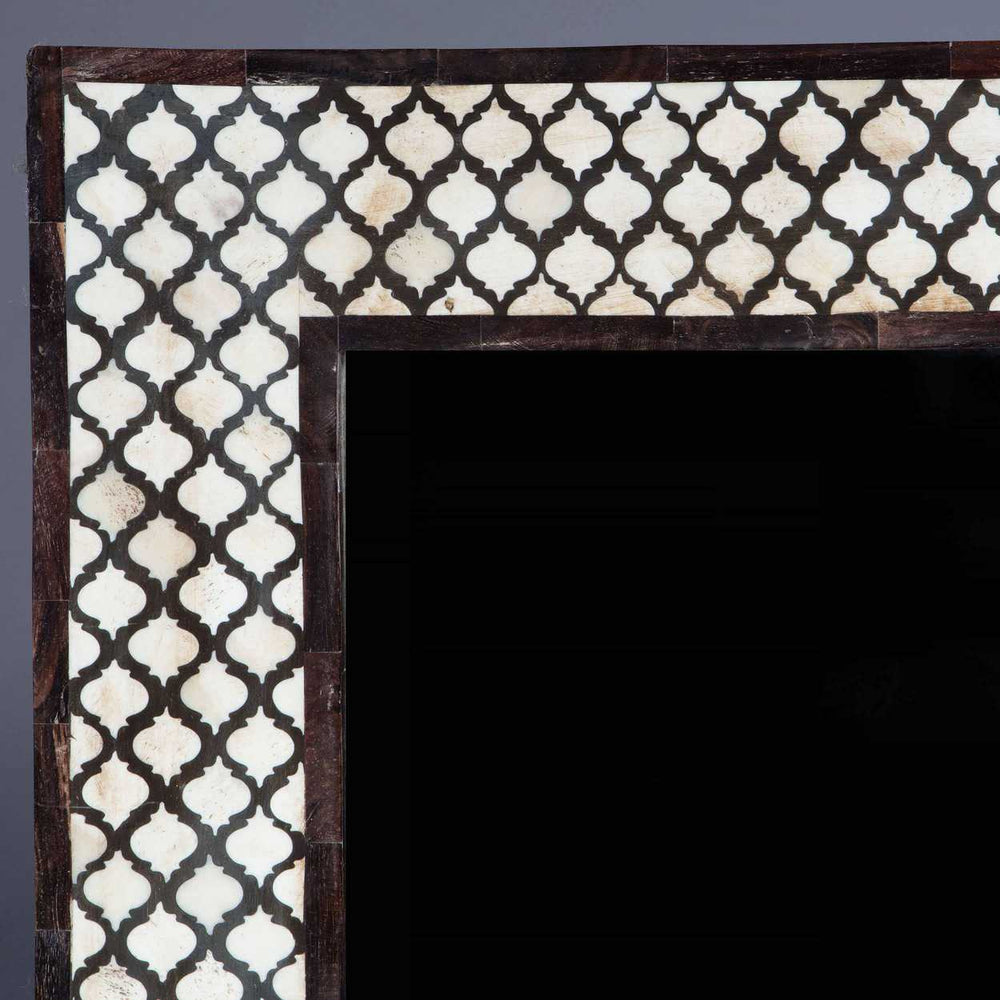 Geometric Pattern Bone Inlaid Wall Mirror 122x92cm with intricate black and white bone inlay frame from India circa 1980