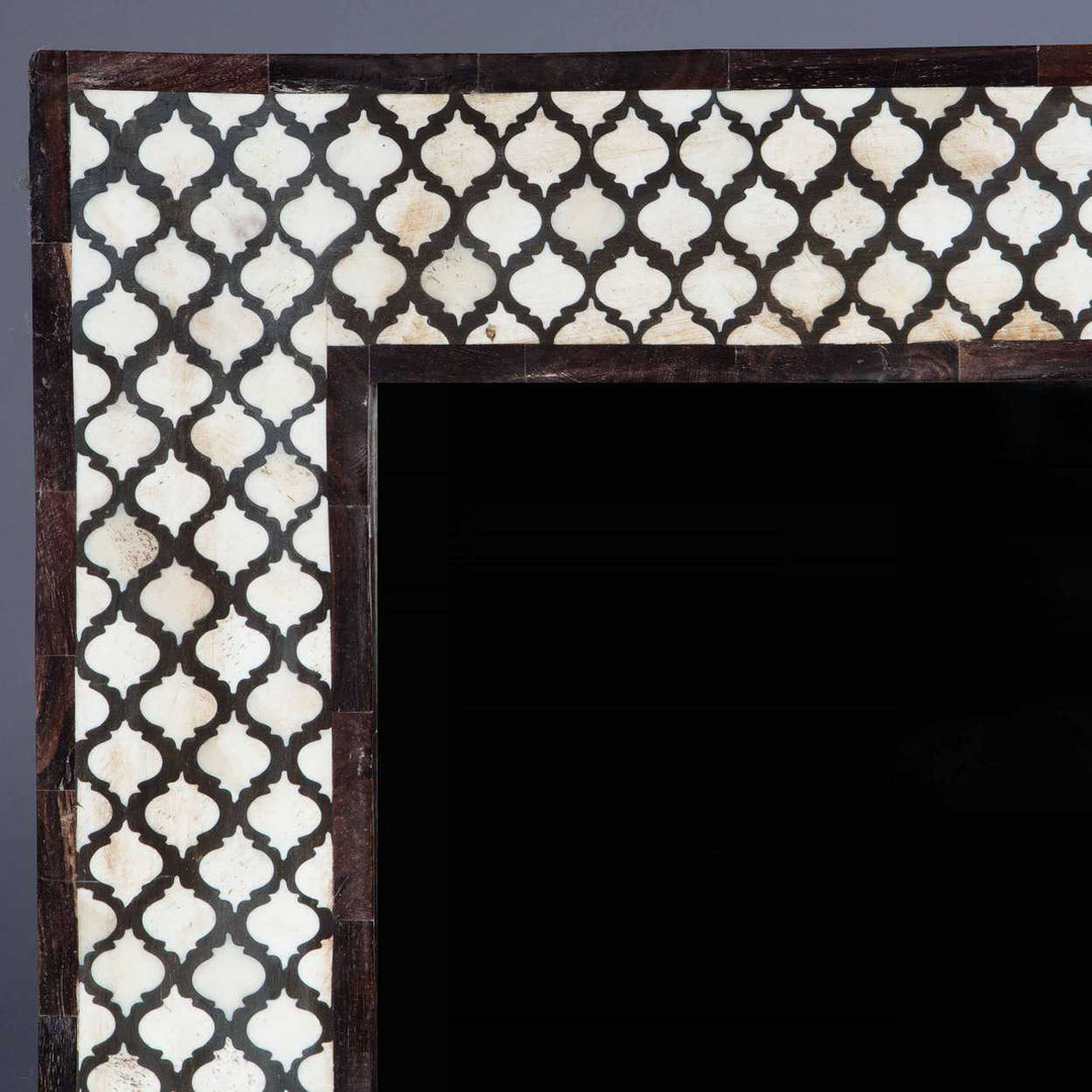 Geometric Pattern Bone Inlaid Wall Mirror 122x92cm with intricate black and white bone inlay frame from India circa 1980