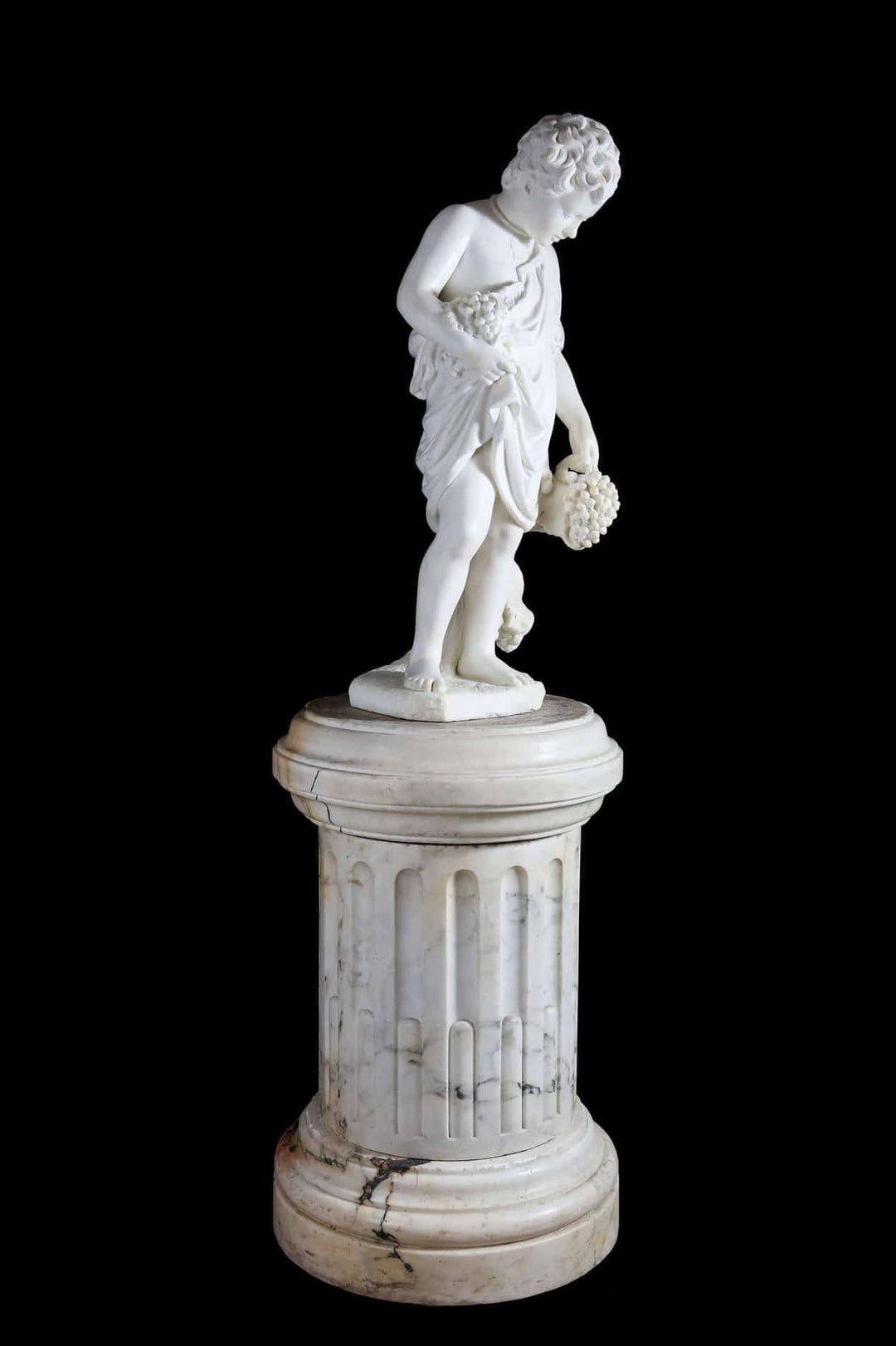 Important 19Th Century Carved Marble Sculpture Of Young Bacchus On Carved Fluted Marble Pedestal By Professore Giuseppe Lazzerini
