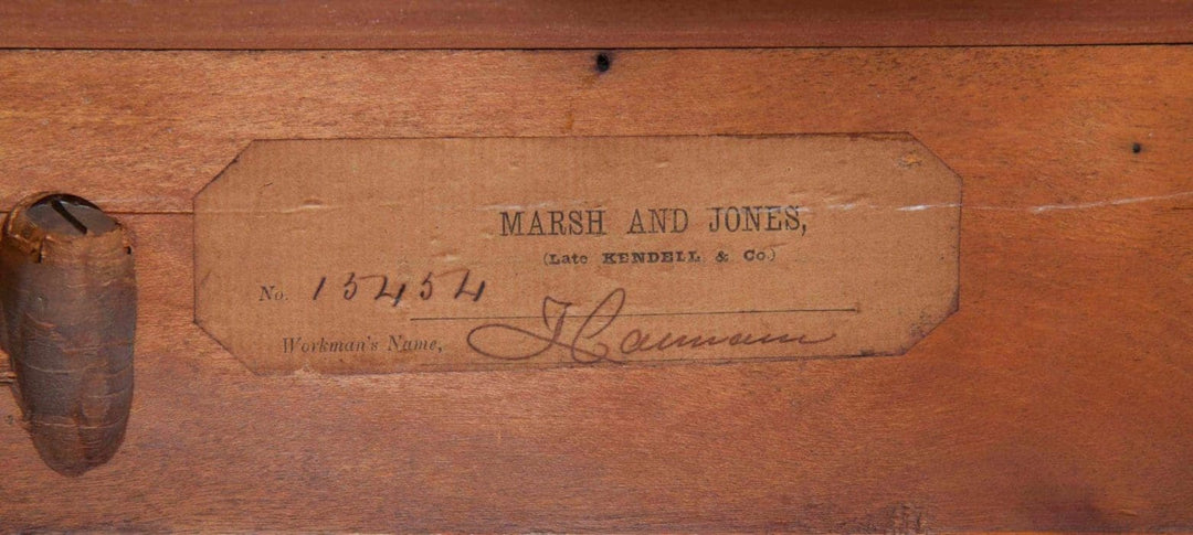 Arts And Crafts Writing Table By Marsh And Jones label showing maker’s number and craftsman’s signature circa 1900.