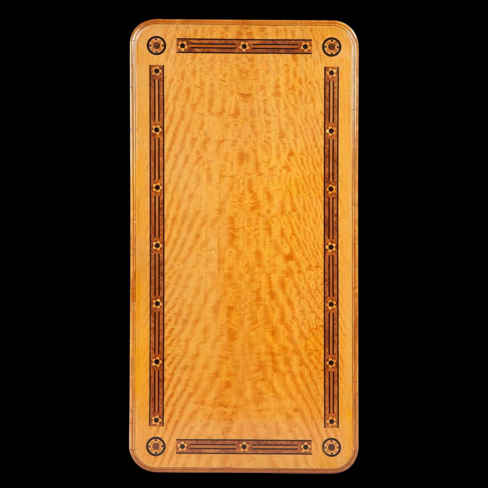 Arts And Crafts Writing Table By Marsh And Jones with satinwood top and foliate inlay, circa 1900, elegant craftsmanship.