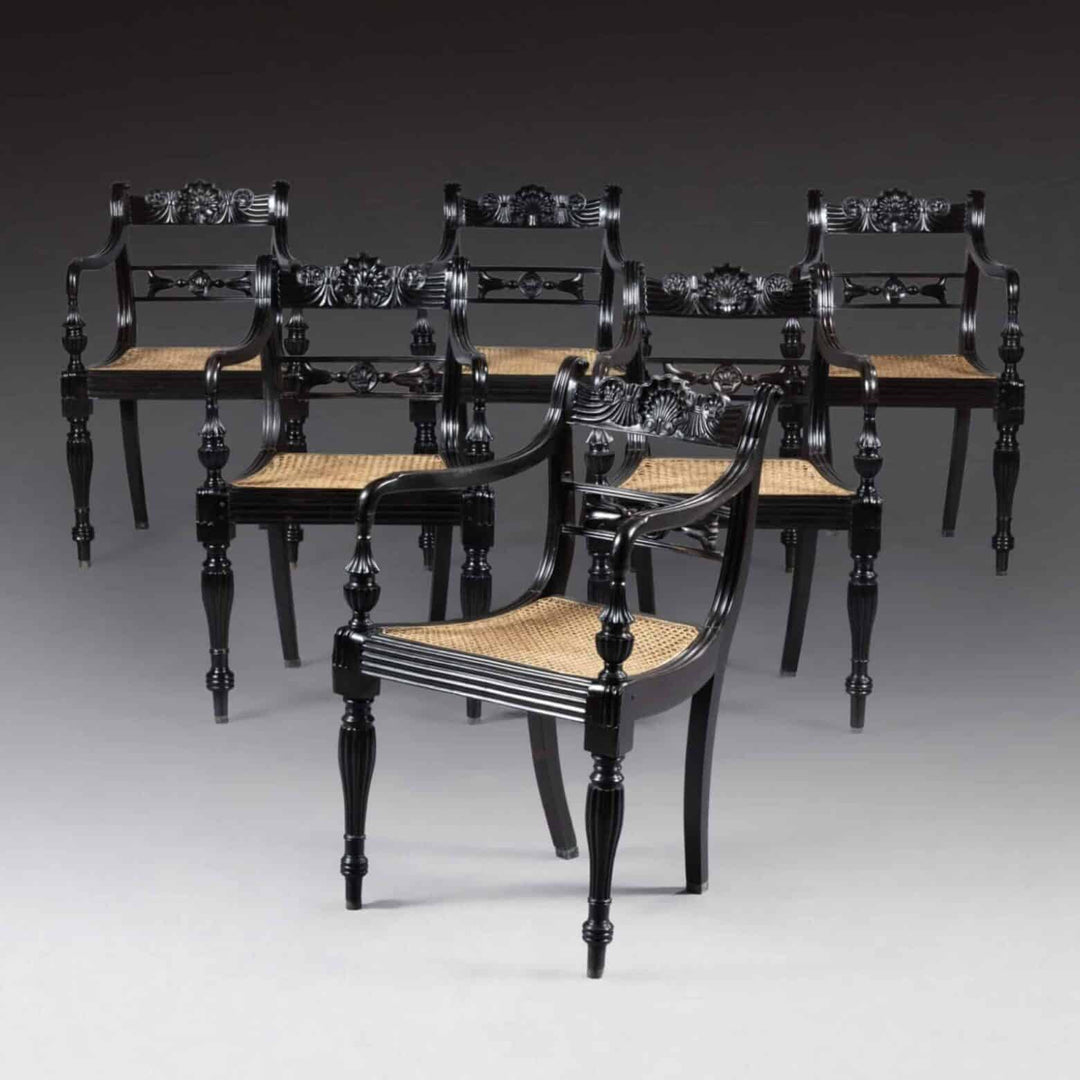 Set of Six Anglo-Indian Ceylonese Ebony Armchairs