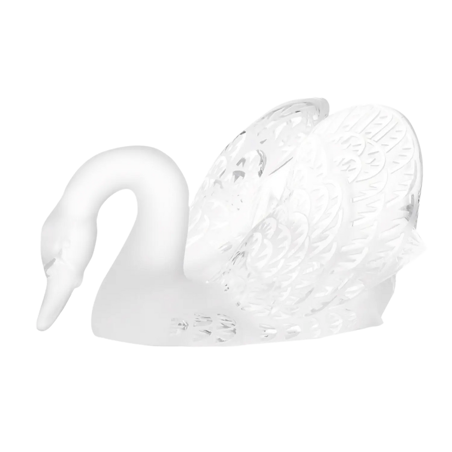 Lalique Head Down Swan crystal sculpture with detailed feathers, representing eternal love and beauty, France circa 1980.