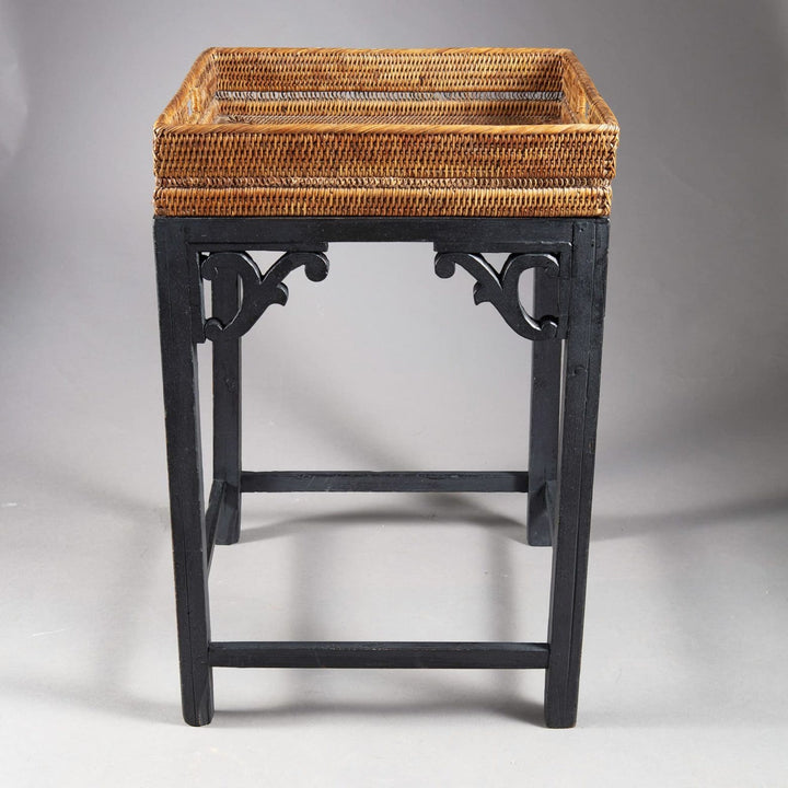 Rattan Tray Table with decorative woven tray and black ebonised wooden base, French design circa 2020, 60 cm high.