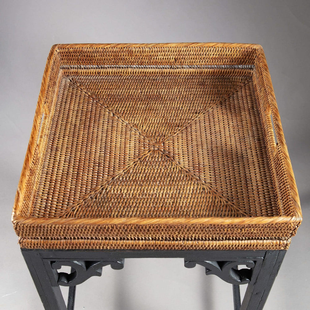 Rattan Tray Table with woven rattan tray and black ebonised wooden base, decorative 20th century design.
