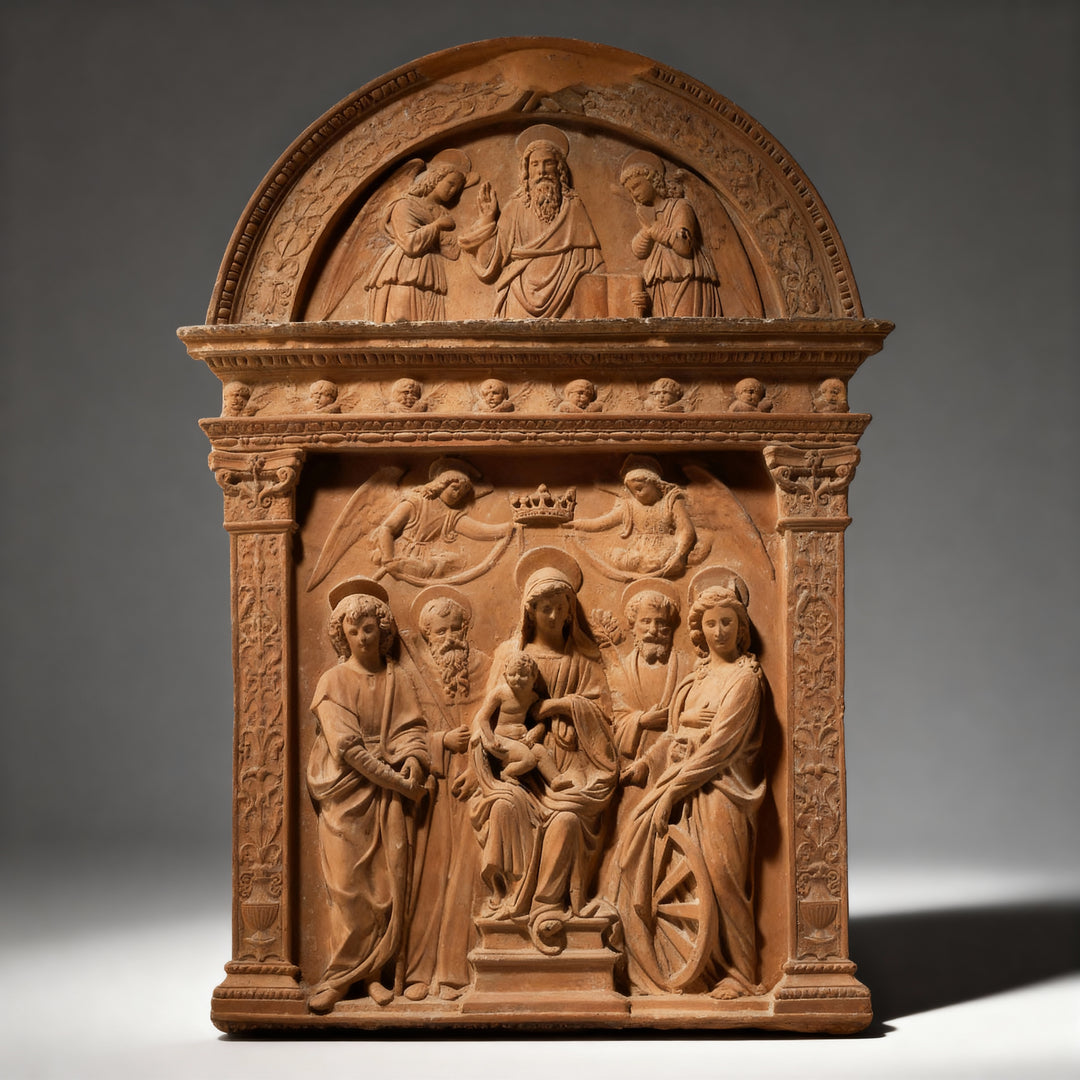 Italian Renaissance terracotta devotional panel by Nicholas Wells Antiques depicting religious figures in detailed relief art.