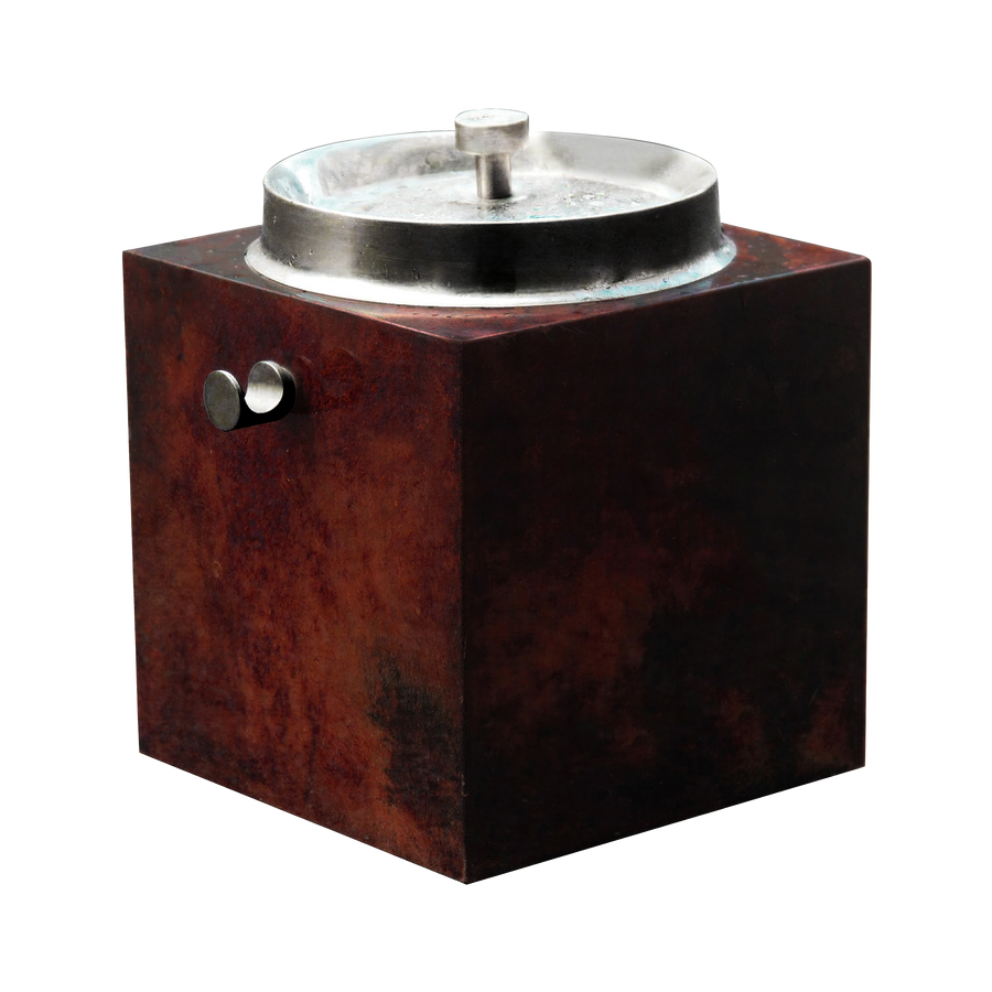 Mid-century maroon parchment and chrome ice bucket by Aldo Tura, offered by Nicholas Wells Antiques