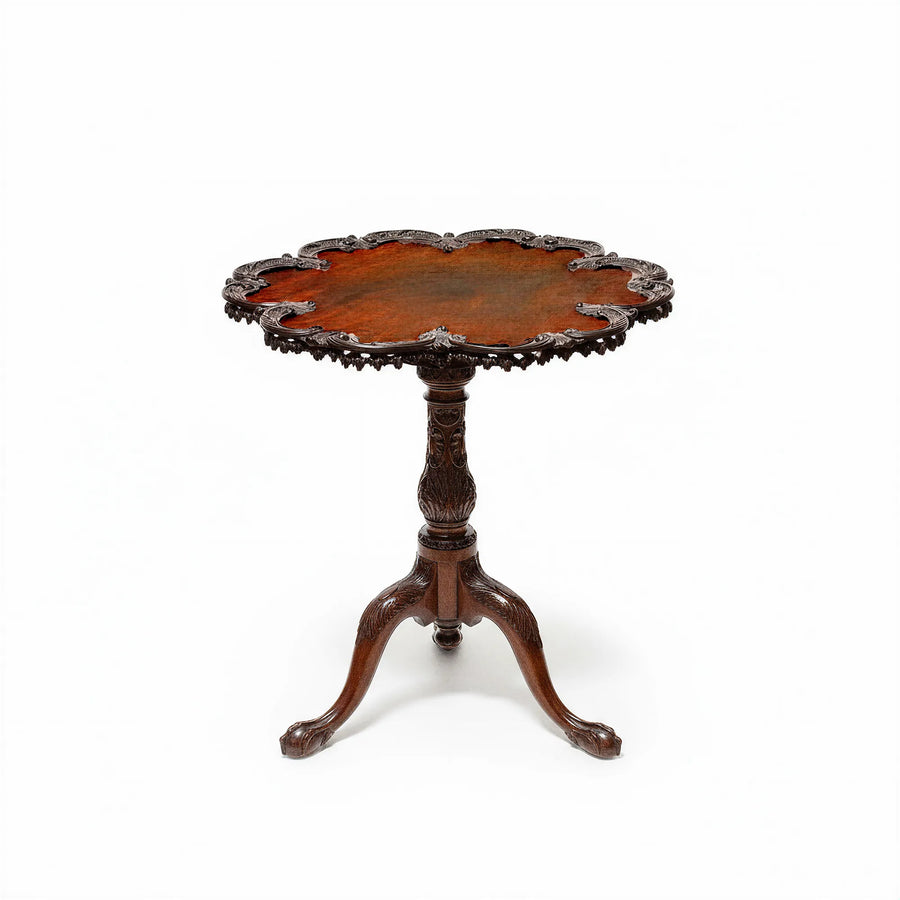 Elegant Pie Crust Table by Collection CK40 with intricate carved wooden pedestal, 73 cm high and 66 cm diameter tabletop