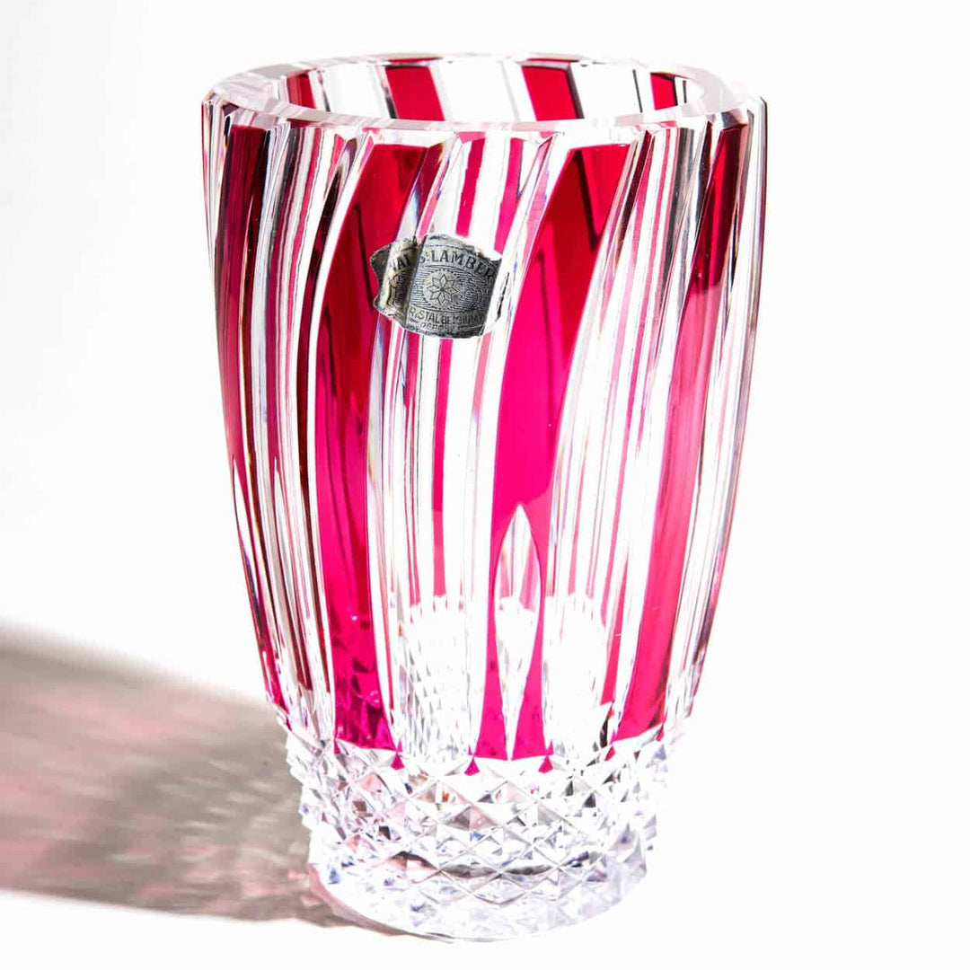 Unique Val St Lambert Exhibition Piece : Red Over Clear Cut Glass Vase