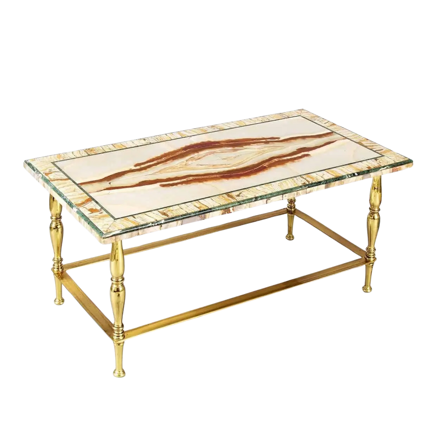 Mid Century Onyx, Verde Antico, Brass Coffee Table with rare Italian onyx top and brass legs, circa 1935.