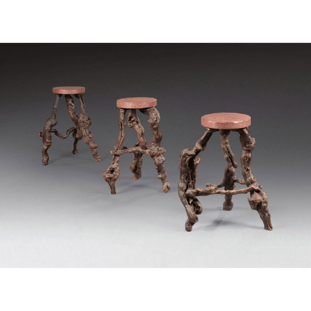 A Set of 3 gnarled Vine and Faux Porphyry Bar Stools