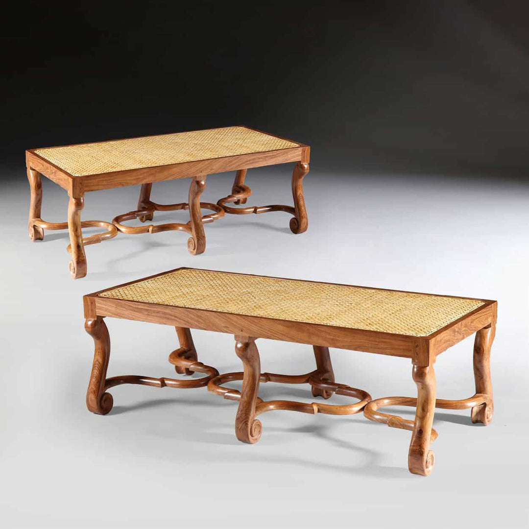 Pair of Walnut Long Caned Benches