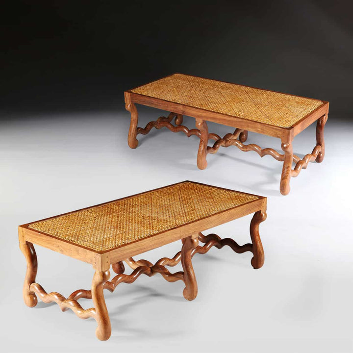 Pair of Os de Mouton Walnut Long Caned Benches